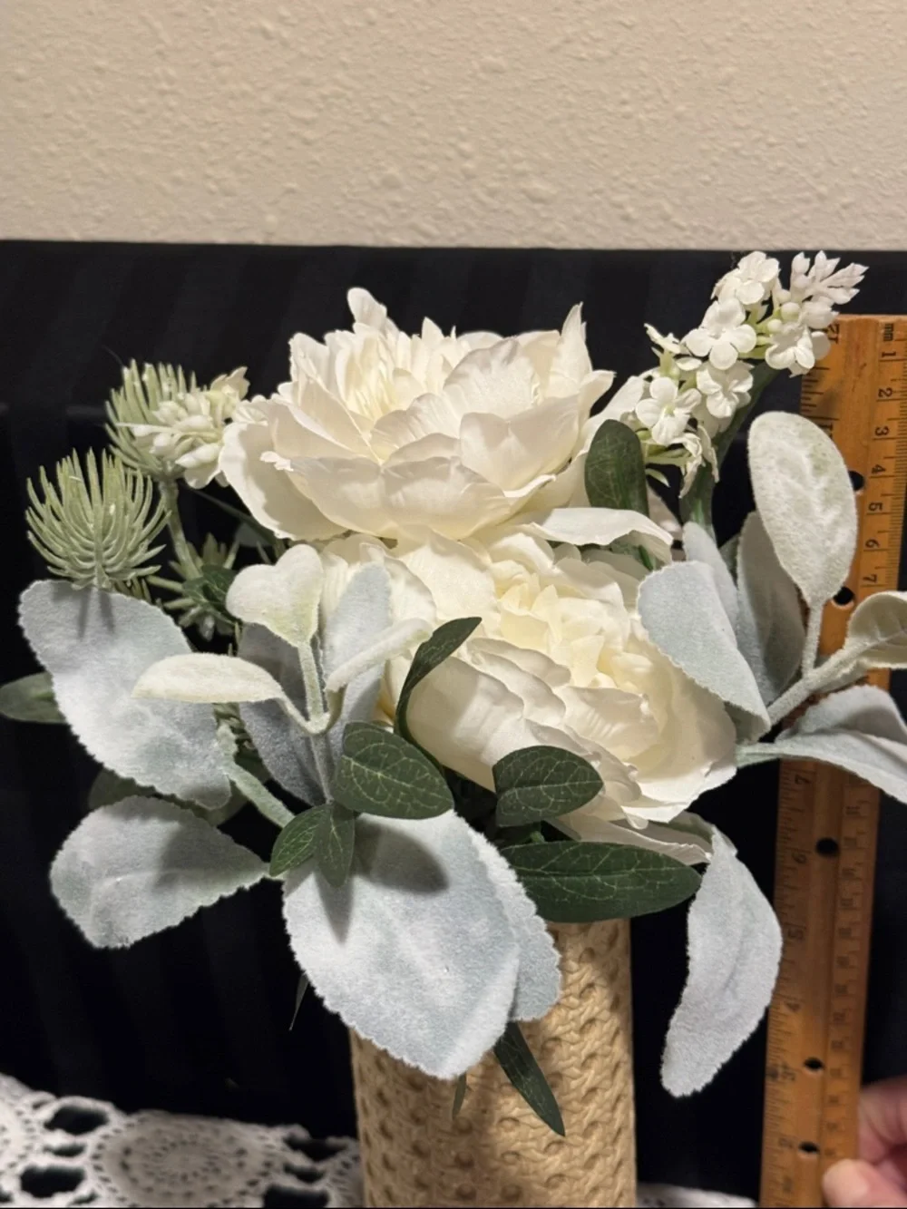 White Faux Peony Arrangement with greenery in a Textured Tan Vase